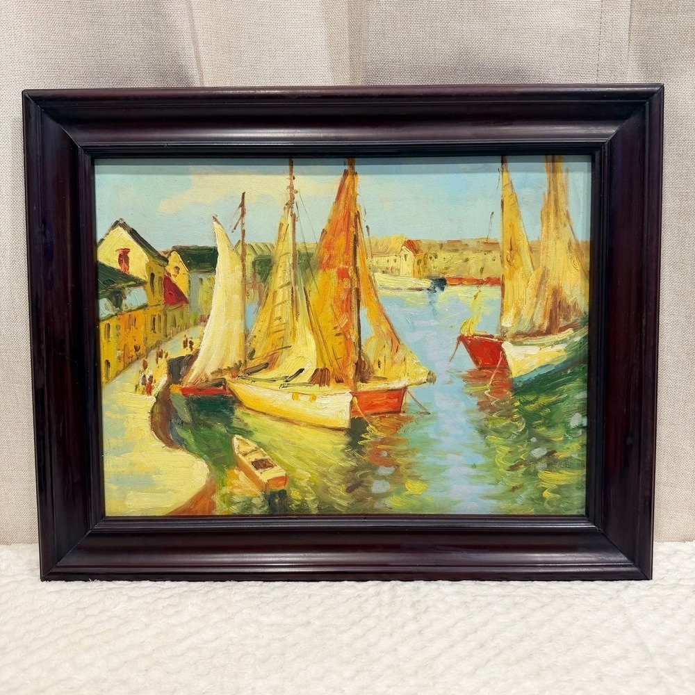 Mid-Century Impressionist Harbor Scene Framed Oil Painting